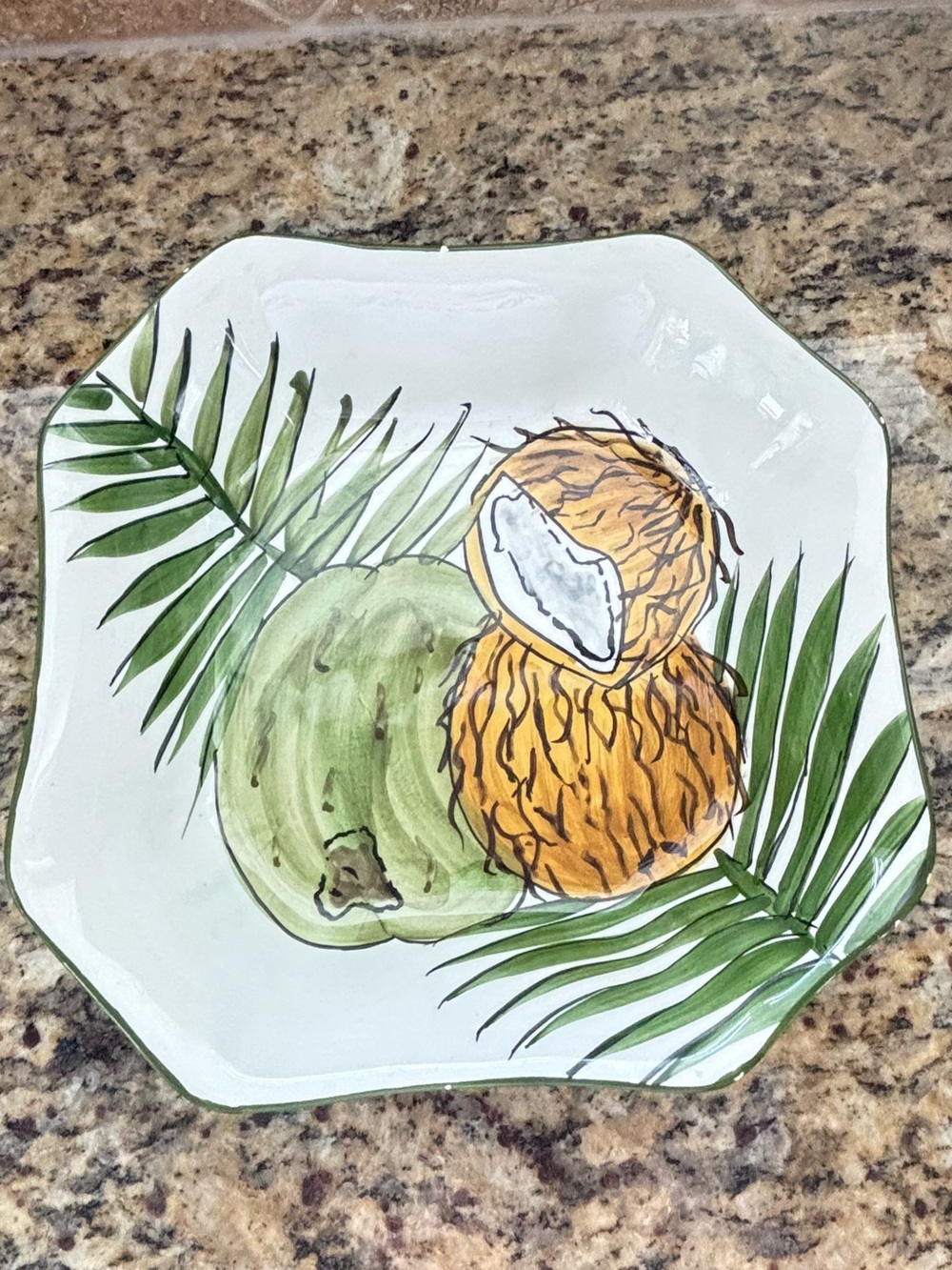 Hand-Painted Vintage Coconut & Palm Ceramic Accent Plate - White and Green